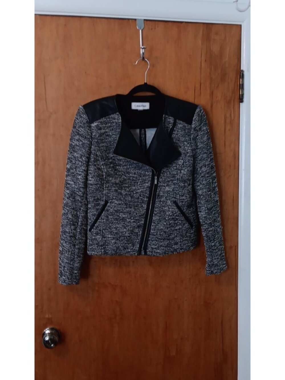 Calvin Klein Black Gray Faux Leather Accent Zip  Jacket 8 Long Sleeve Women's